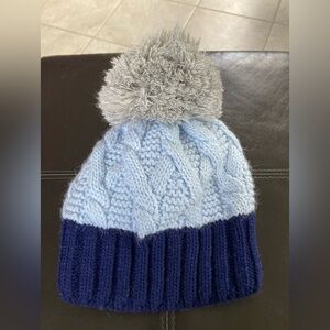 Cozy Blue and Gray Kids Pom-Pom Beanie